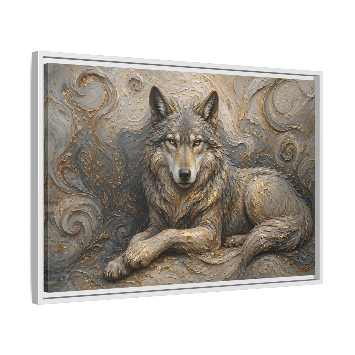 Side Mockup 10. Animals Wolf Gray Wolf Gold shown as stretched canvas wall art