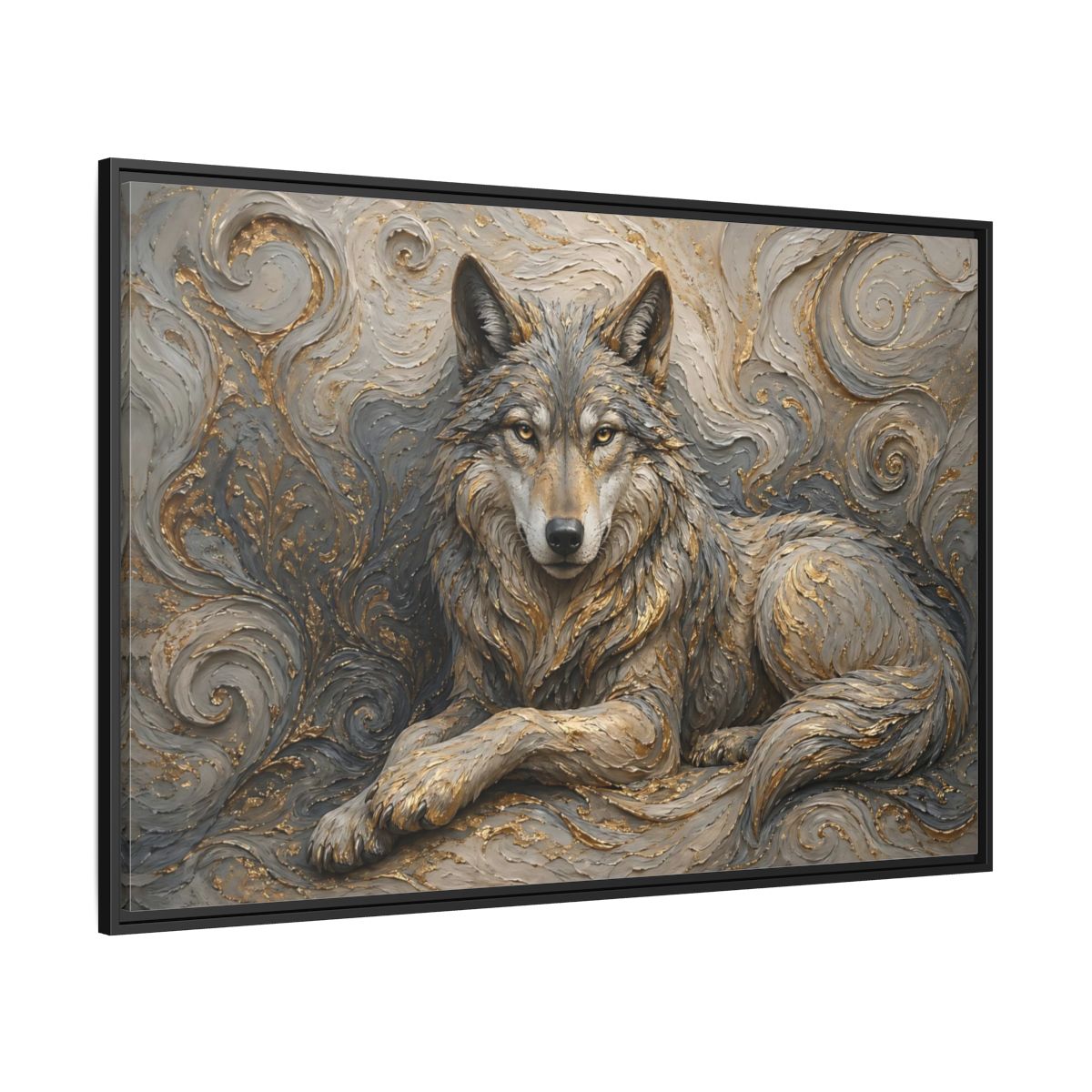 Side Mockup 12. Animals Wolf Gray Wolf Gold shown as stretched canvas wall art