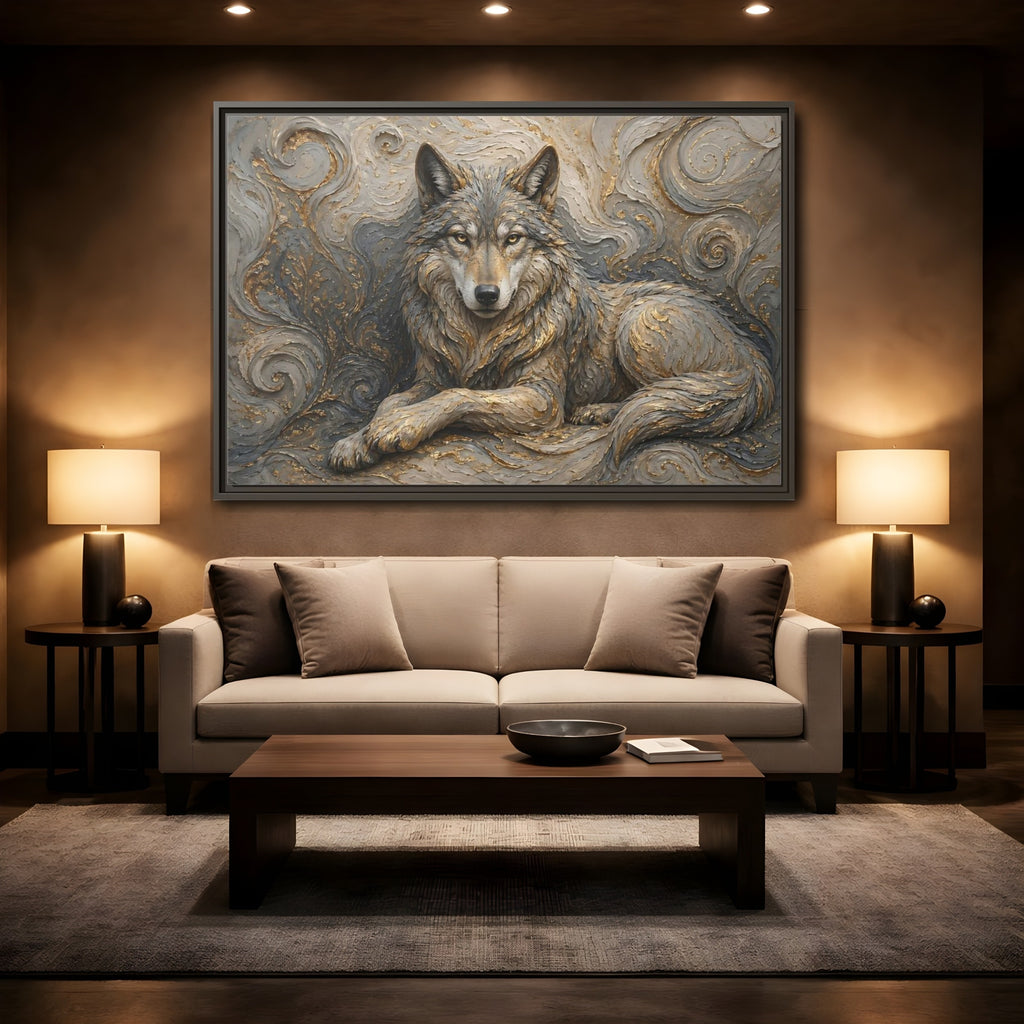 Mockup 2. Animals Wolf Gray Wolf Gold shown as stretched canvas wall art