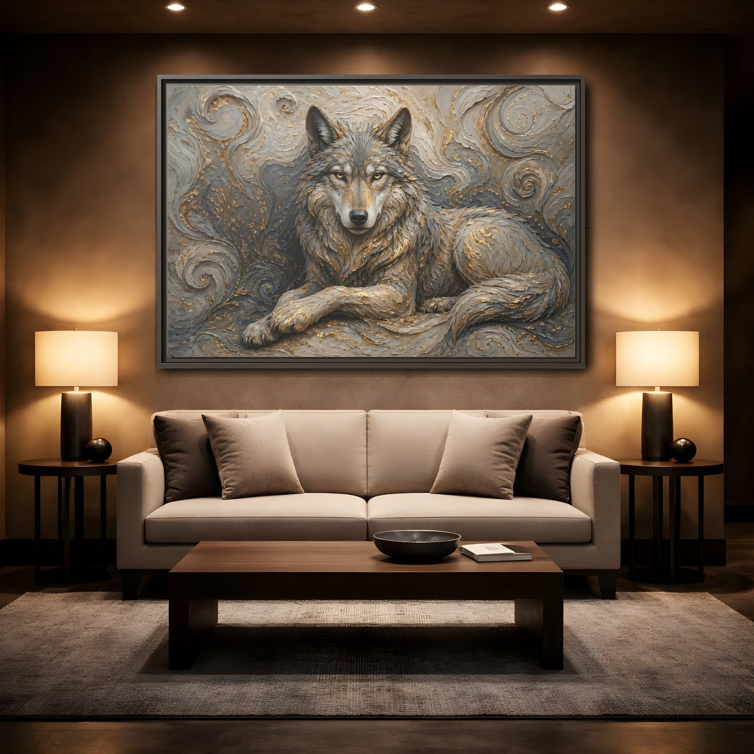 Mockup 2. Animals Wolf Gray Wolf Gold shown as stretched canvas wall art