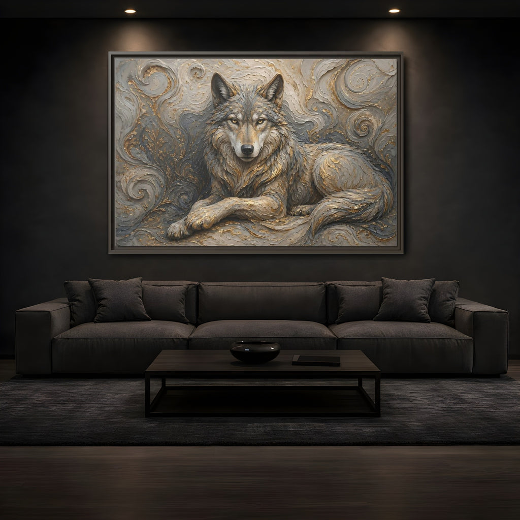 Mockup 3. Animals Wolf Gray Wolf Gold shown as stretched canvas wall art