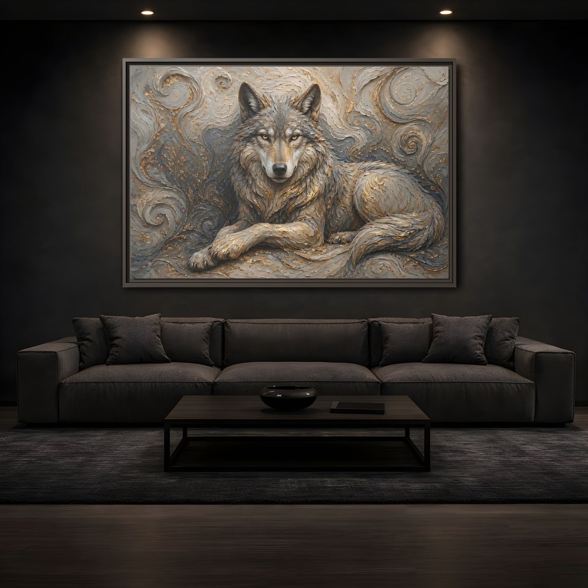 Mockup 3. Animals Wolf Gray Wolf Gold shown as stretched canvas wall art