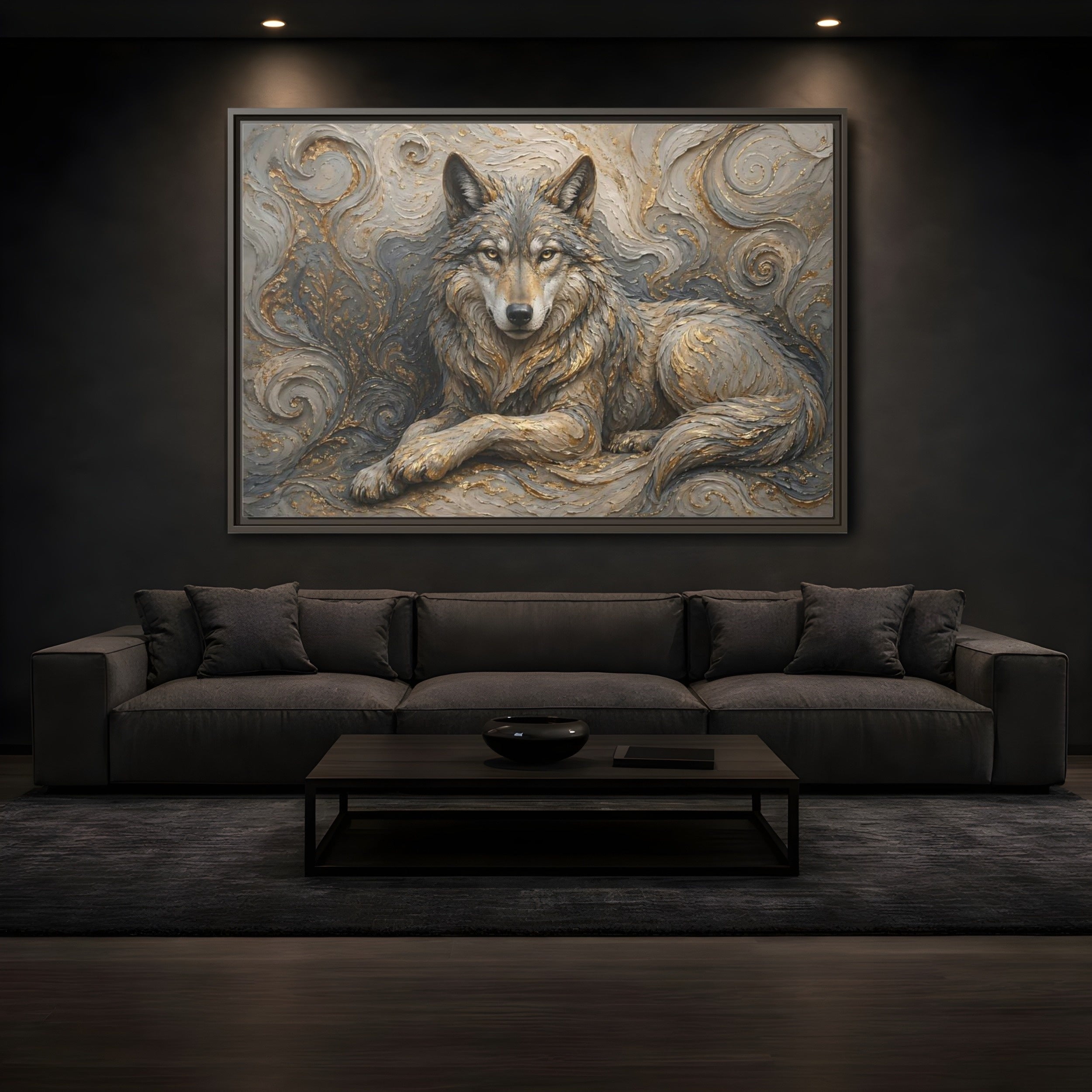 Mockup 3. Animals Wolf Gray Wolf Gold shown as stretched canvas wall art