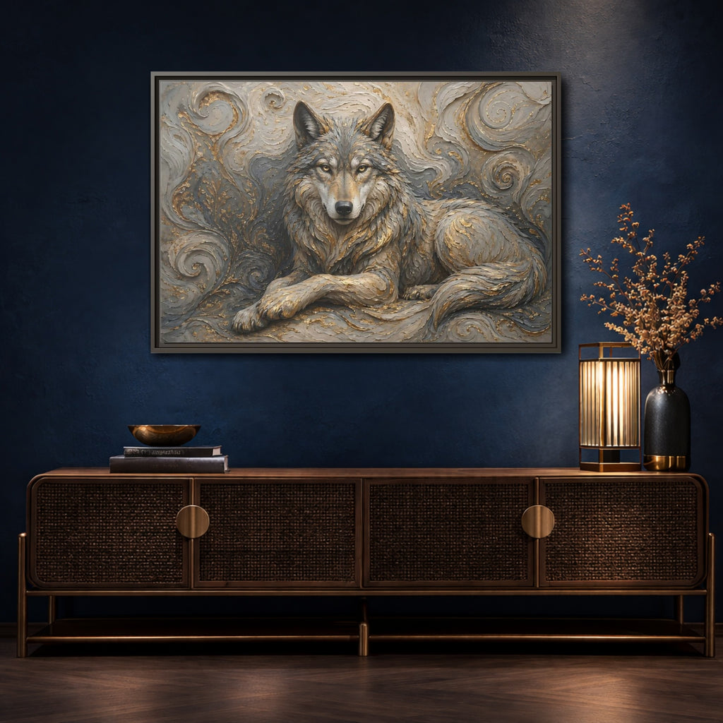 Mockup 4. Animals Wolf Gray Wolf Gold shown as stretched canvas wall art