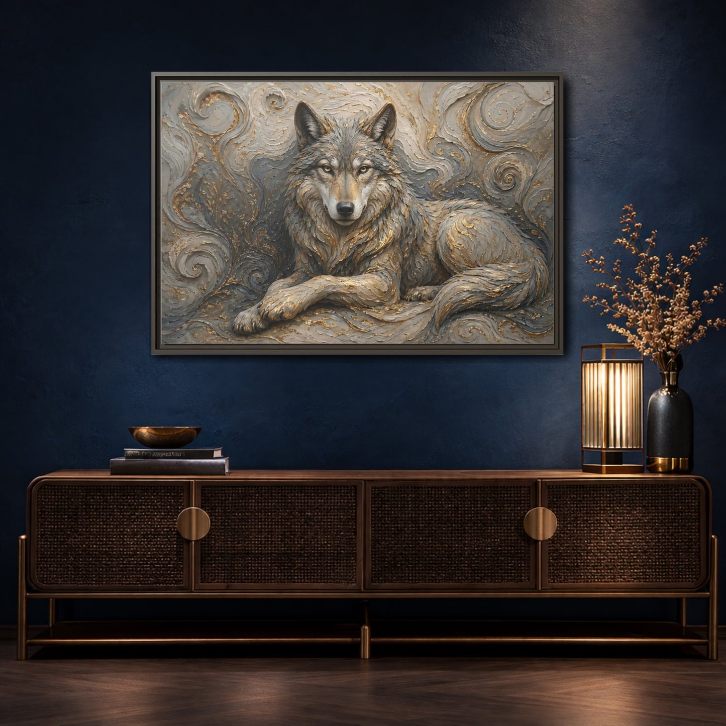 Mockup 4. Animals Wolf Gray Wolf Gold shown as stretched canvas wall art