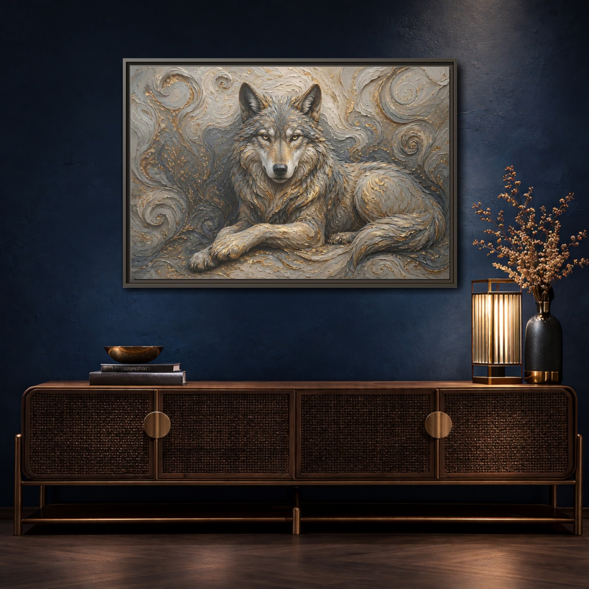 Mockup 4. Animals Wolf Gray Wolf Gold shown as stretched canvas wall art