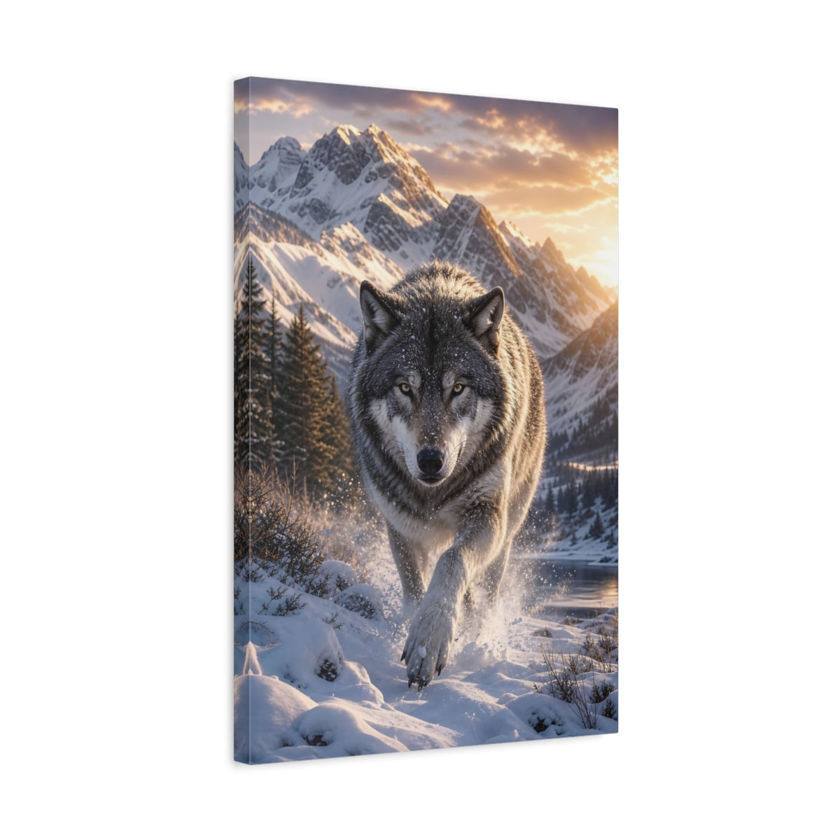 Side Mockup 3. Animals Wolf Grey Wolf shown as stretched canvas wall art