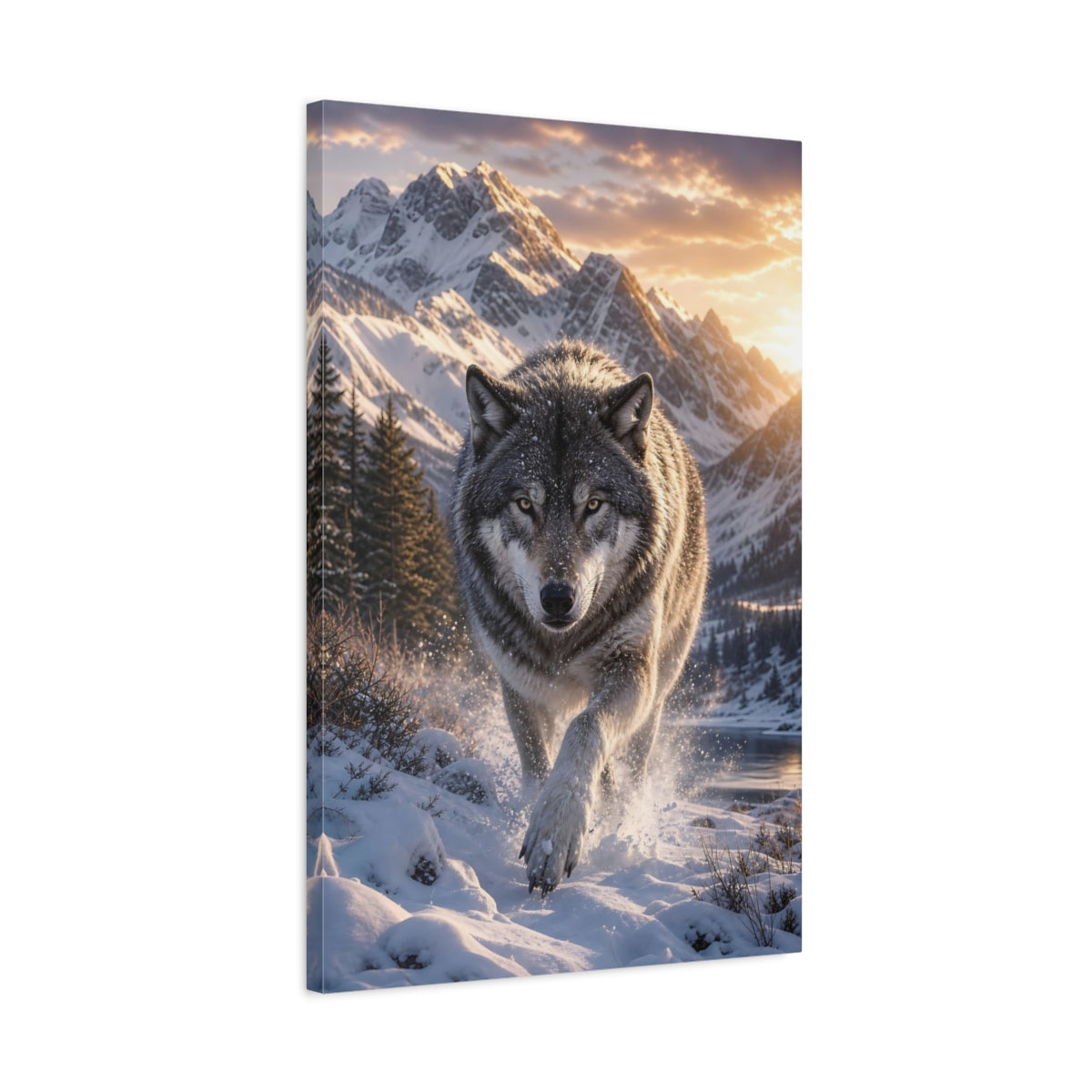 Side Mockup 2. Animals Wolf Grey Wolf shown as stretched canvas wall art