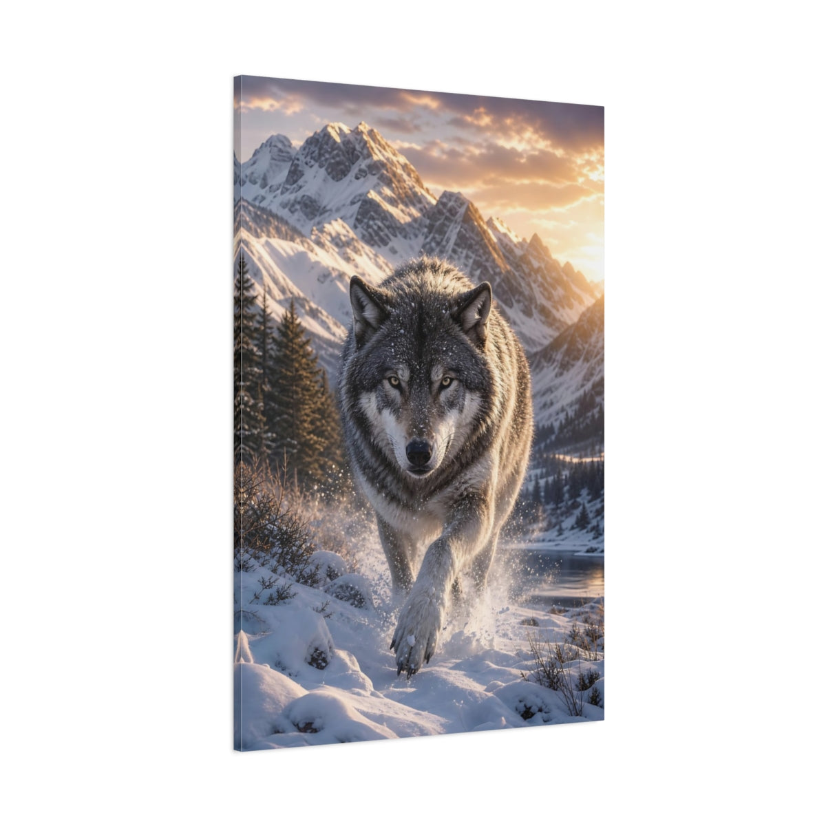 Side Mockup 1. Animals Wolf Grey Wolf shown as stretched canvas wall art