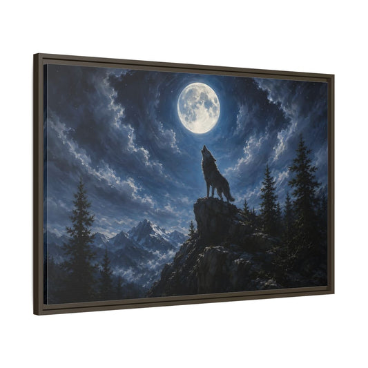 Main Mockup. Animals Wolf Howling Blue And Grey shown as stretched canvas wall art