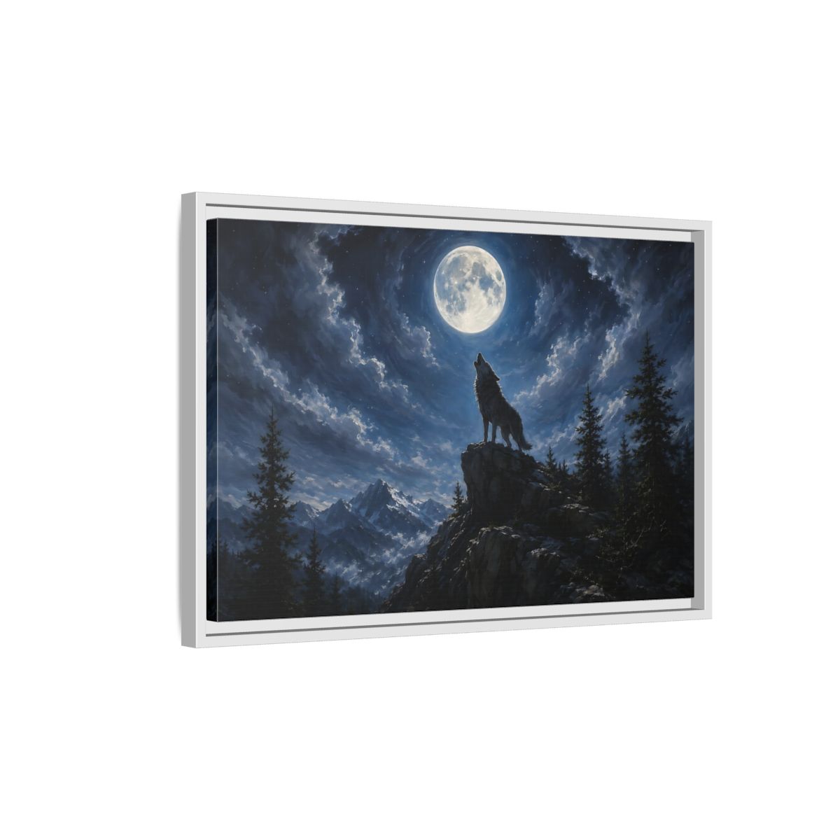 Side Mockup 1. Animals Wolf Howling Blue And Grey shown as stretched canvas wall art