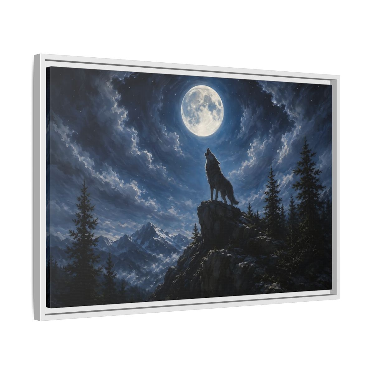 Side Mockup 10. Animals Wolf Howling Blue And Grey shown as stretched canvas wall art