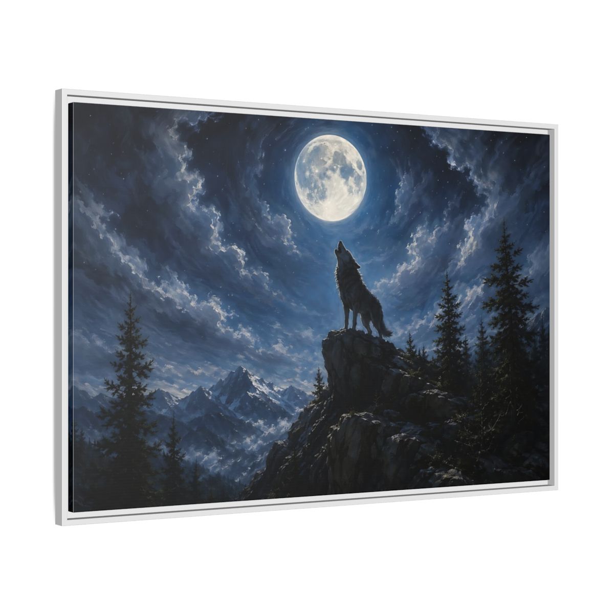 Side Mockup 7. Animals Wolf Howling Blue And Grey shown as stretched canvas wall art