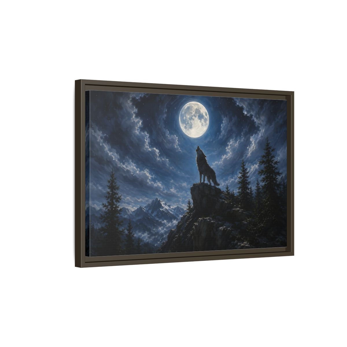 Side Mockup 2. Animals Wolf Howling Blue And Grey shown as stretched canvas wall art