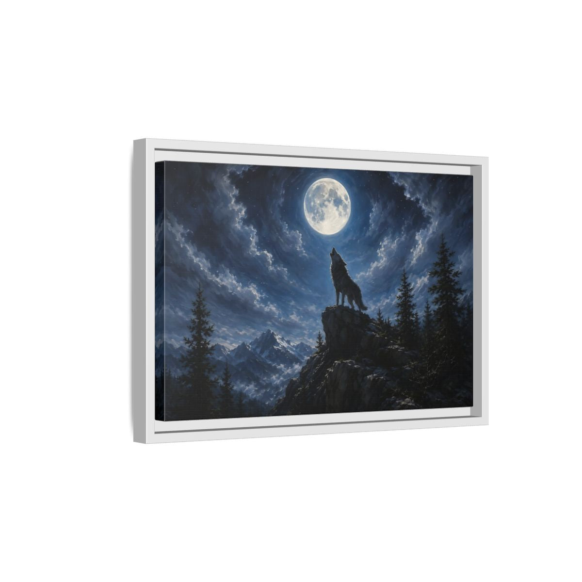 Side Mockup 4. Animals Wolf Howling Blue And Grey shown as stretched canvas wall art