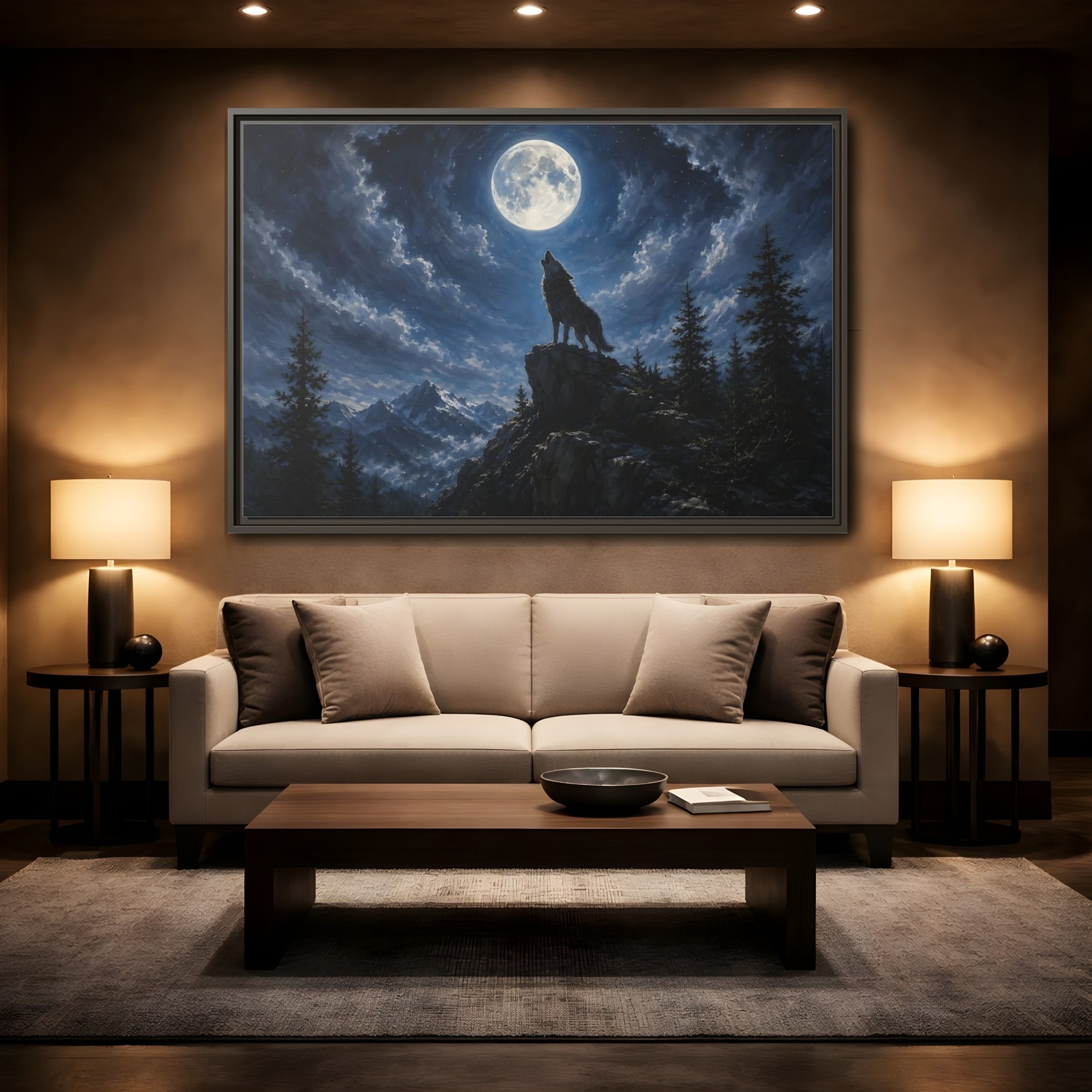 Mockup 2. Animals Wolf Howling Blue And Grey shown as stretched canvas wall art