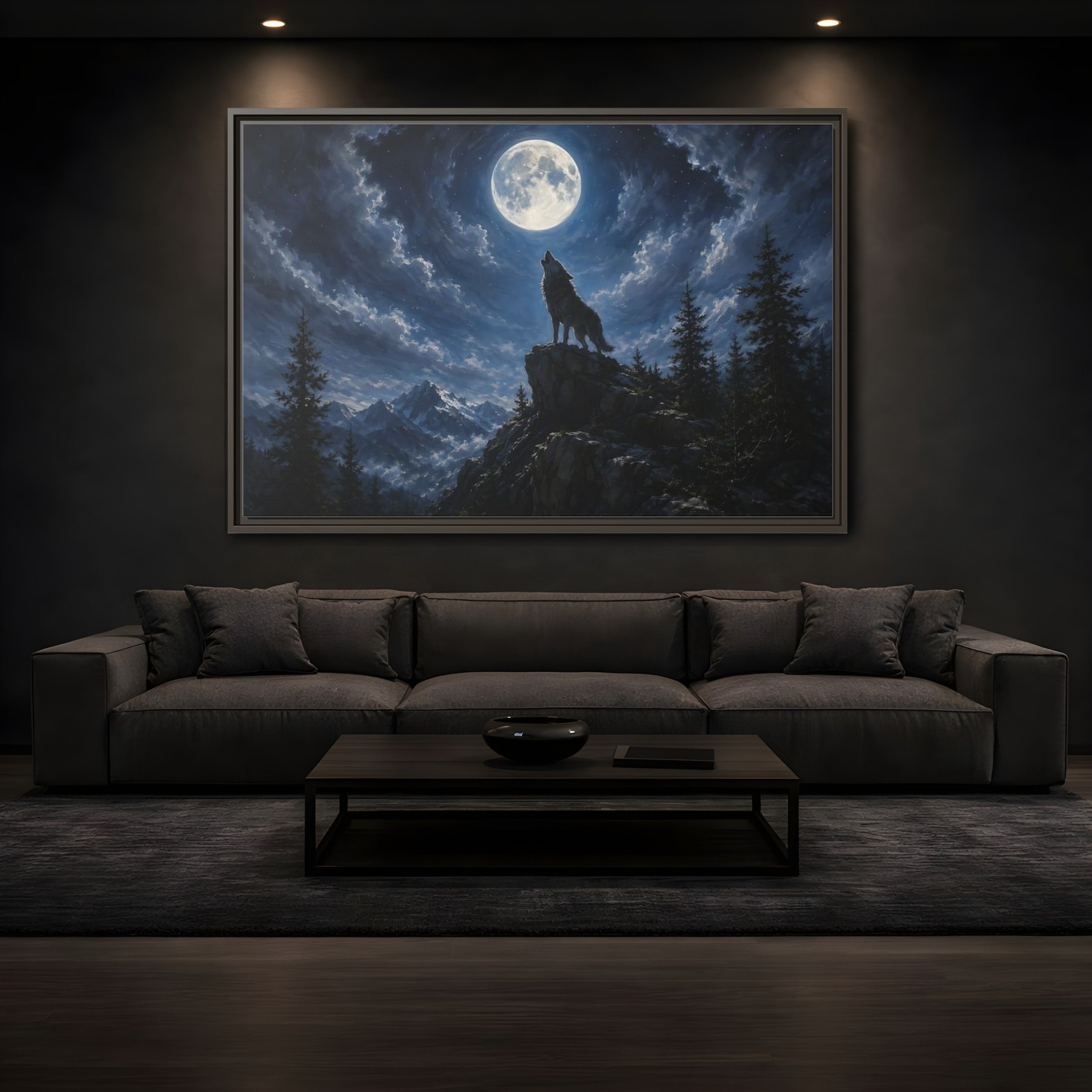 Mockup 3. Animals Wolf Howling Blue And Grey shown as stretched canvas wall art