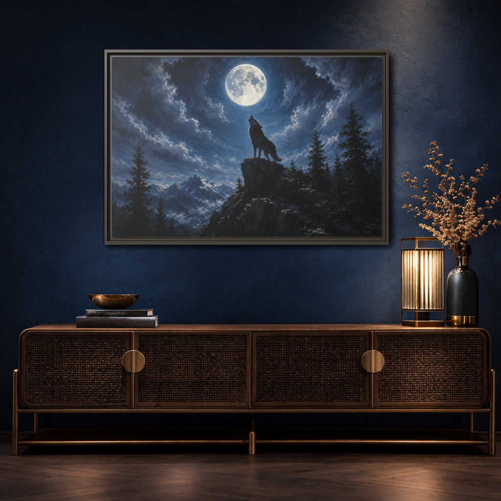 Mockup 4. Animals Wolf Howling Blue And Grey shown as stretched canvas wall art