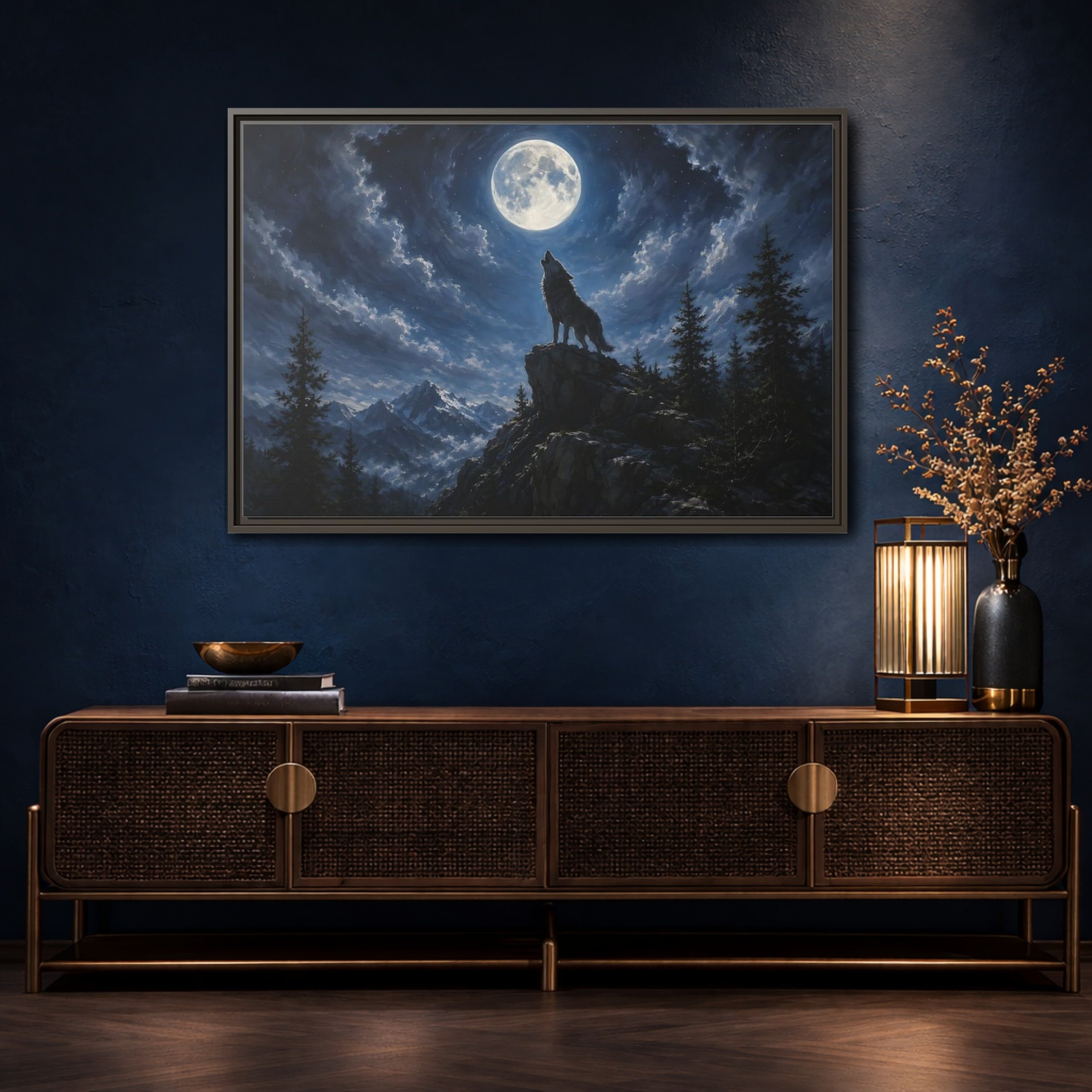 Mockup 4. Animals Wolf Howling Blue And Grey shown as stretched canvas wall art
