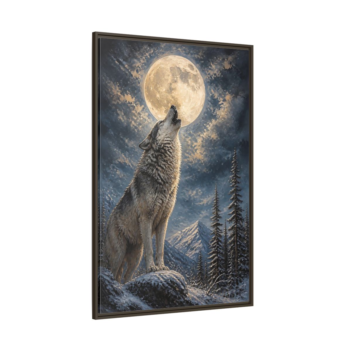 Side Mockup 8. Animals Wolf Howling Wolf Moon Night shown as stretched canvas wall art