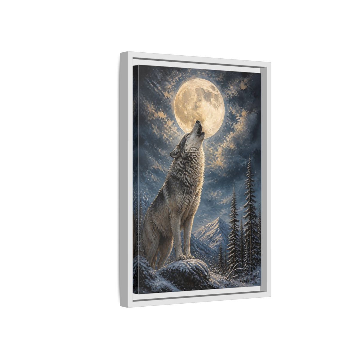 Side Mockup 4. Animals Wolf Howling Wolf Moon Night shown as stretched canvas wall art