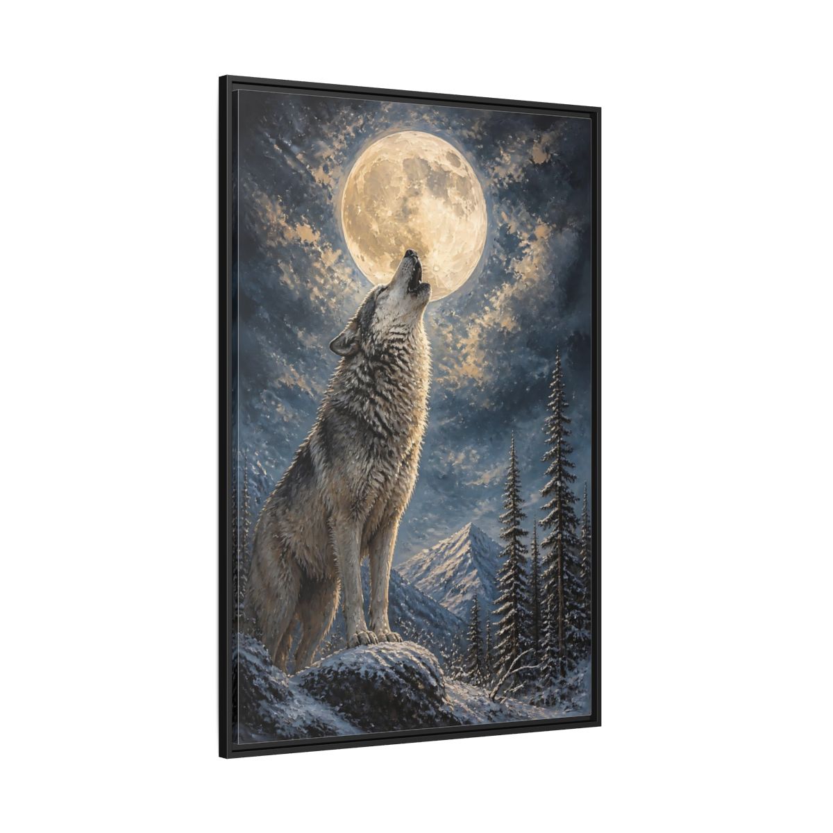 Side Mockup 12. Animals Wolf Howling Wolf Moon Night shown as stretched canvas wall art