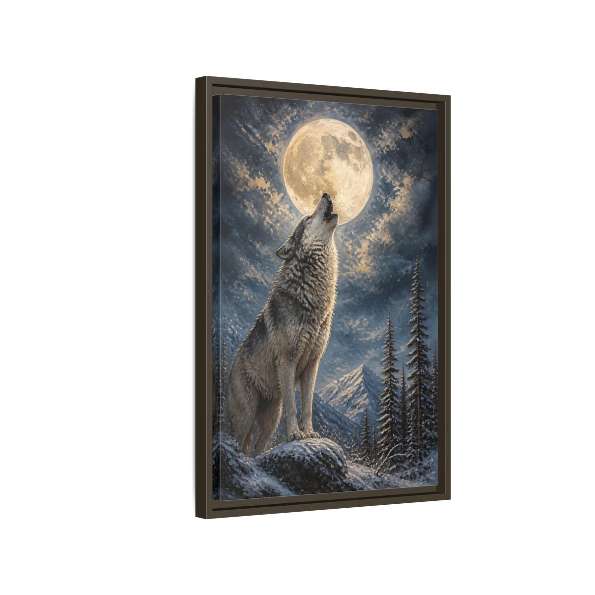 Side Mockup 2. Animals Wolf Howling Wolf Moon Night shown as stretched canvas wall art