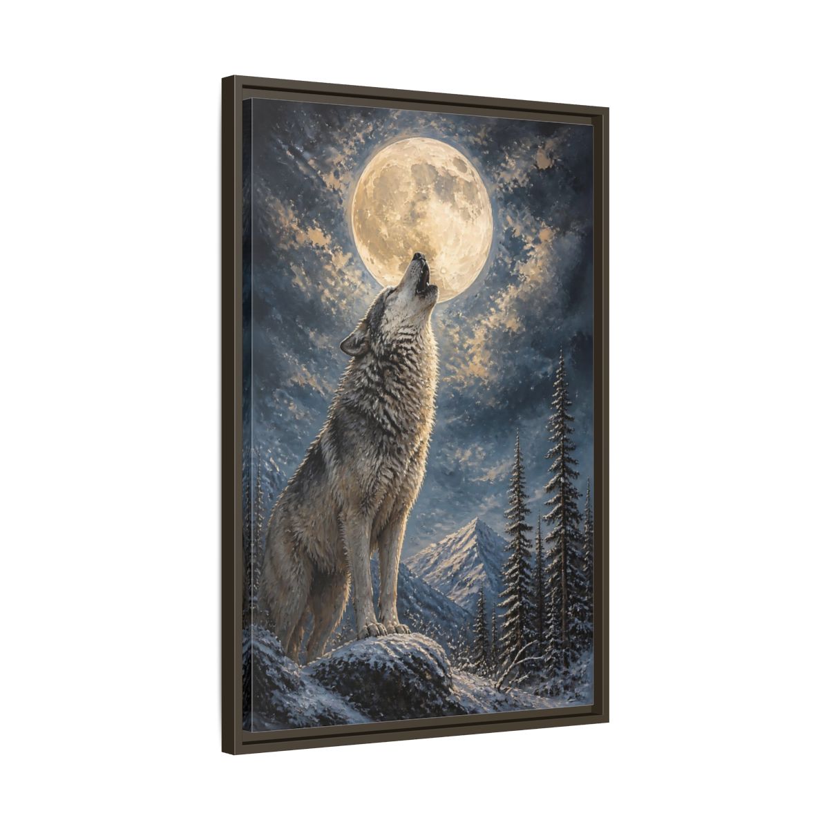 Side Mockup 11. Animals Wolf Howling Wolf Moon Night shown as stretched canvas wall art