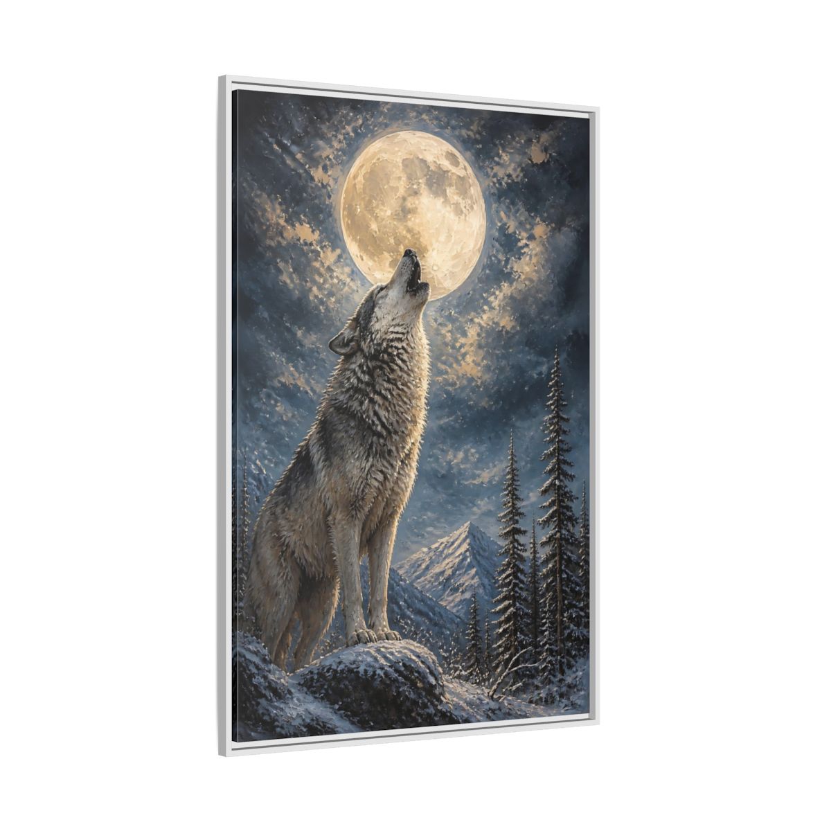 Side Mockup 7. Animals Wolf Howling Wolf Moon Night shown as stretched canvas wall art