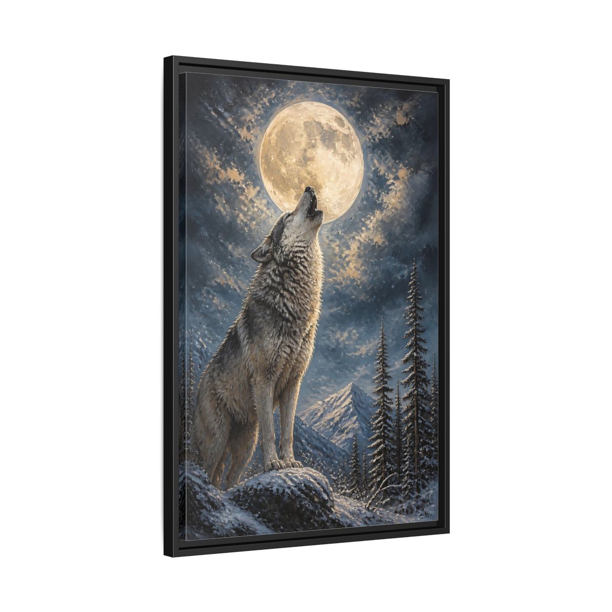 Side Mockup 14. Animals Wolf Howling Wolf Moon Night shown as stretched canvas wall art