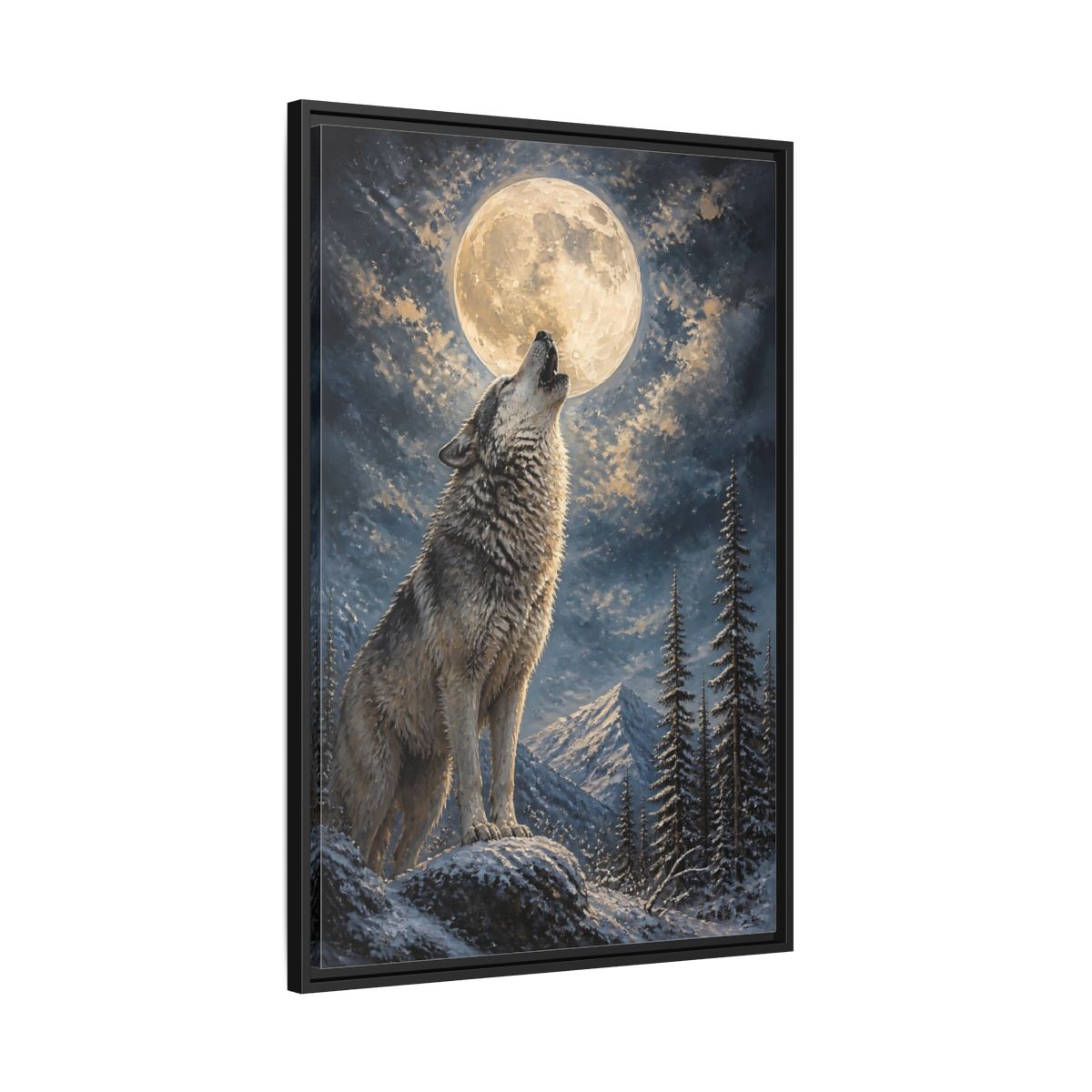 Side Mockup 13. Animals Wolf Howling Wolf Moon Night shown as stretched canvas wall art