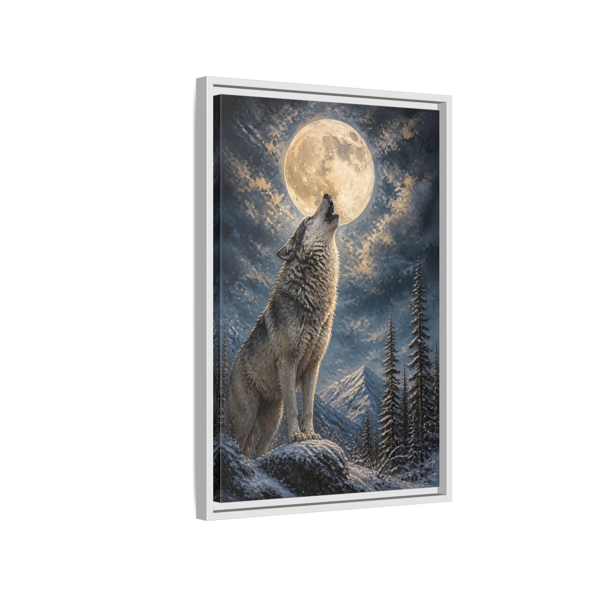Side Mockup 1. Animals Wolf Howling Wolf Moon Night shown as stretched canvas wall art