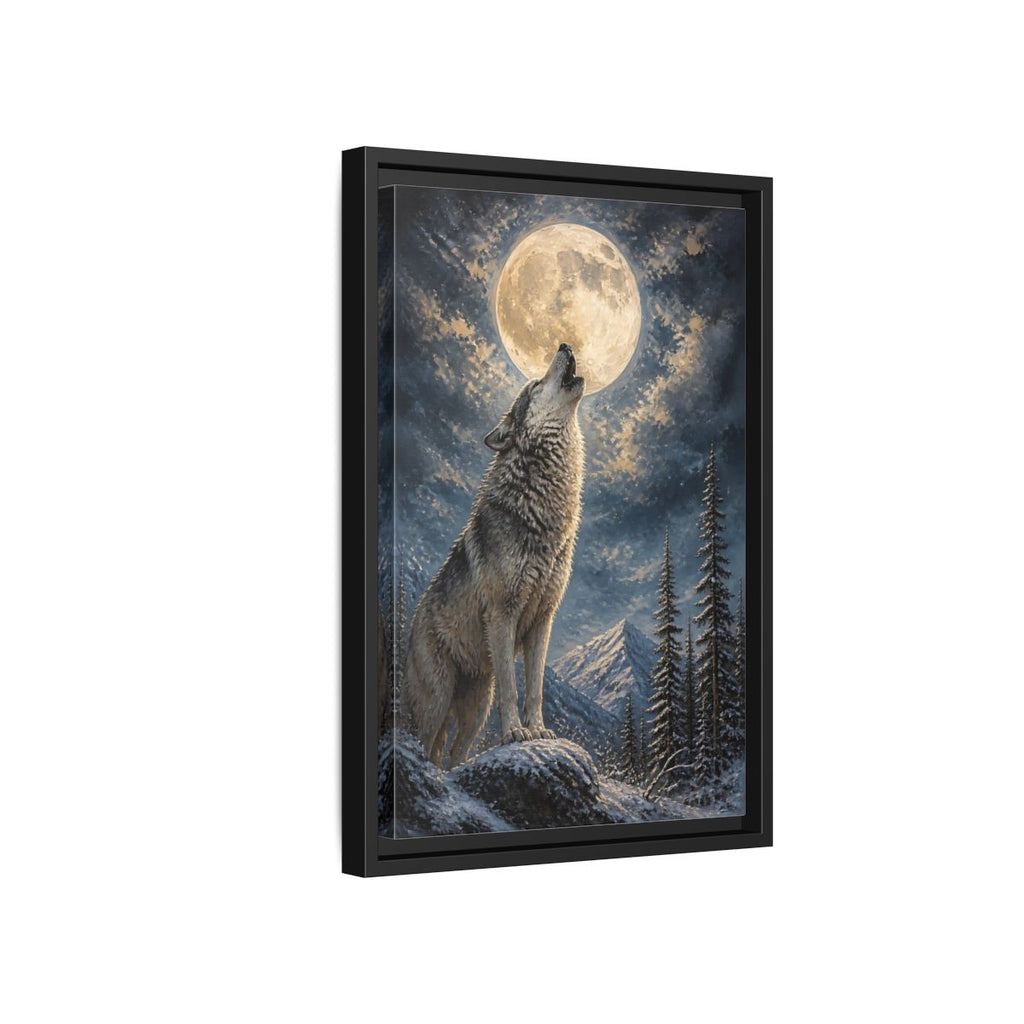 Side Mockup 6. Animals Wolf Howling Wolf Moon Night shown as stretched canvas wall art