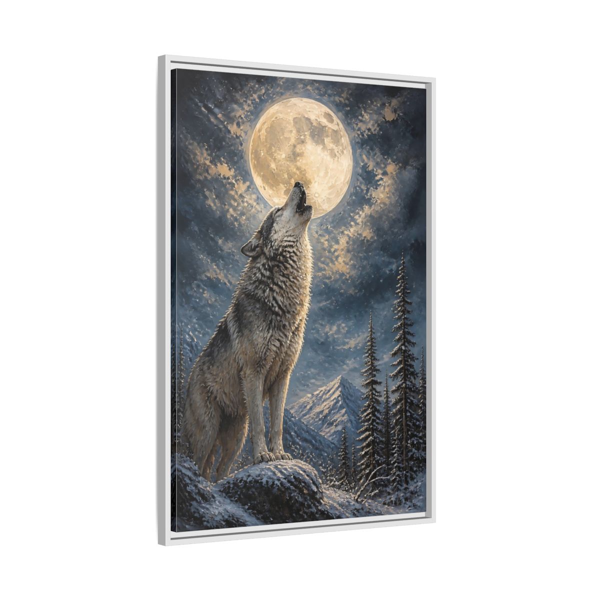 Side Mockup 9. Animals Wolf Howling Wolf Moon Night shown as stretched canvas wall art