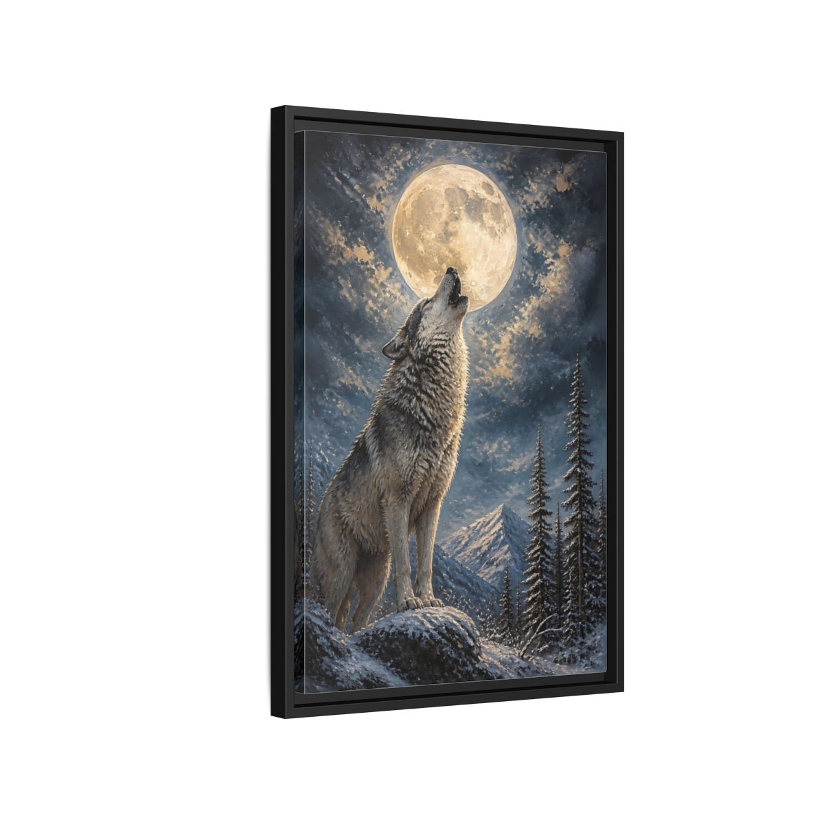 Side Mockup 3. Animals Wolf Howling Wolf Moon Night shown as stretched canvas wall art