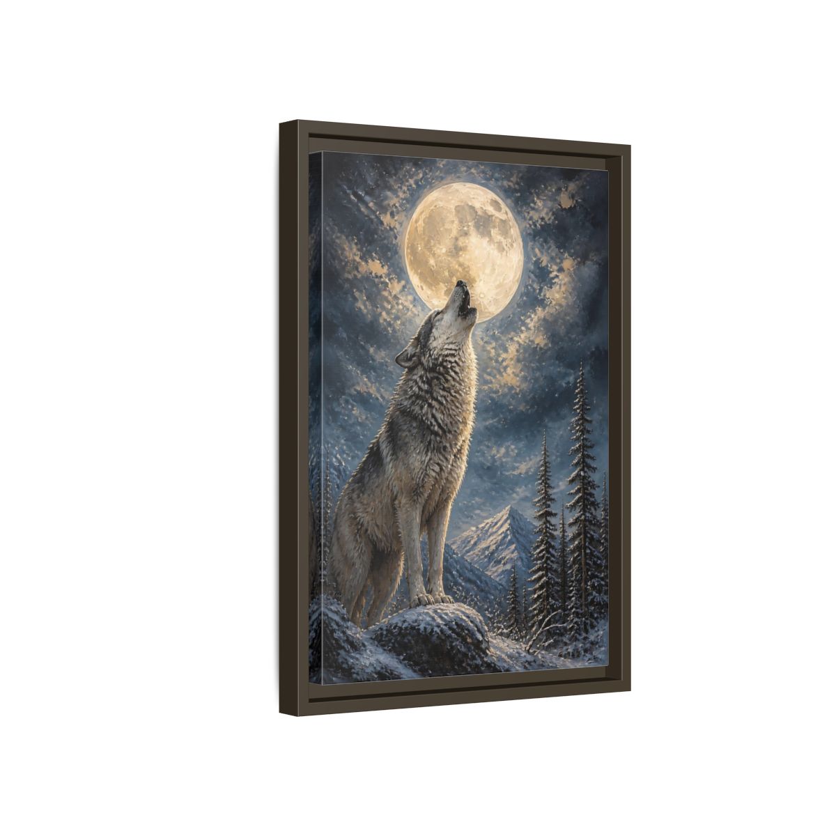 Side Mockup 5. Animals Wolf Howling Wolf Moon Night shown as stretched canvas wall art