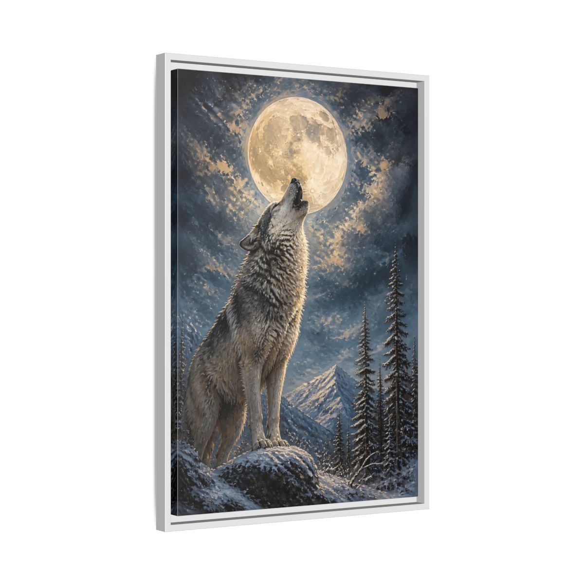 Side Mockup 10. Animals Wolf Howling Wolf Moon Night shown as stretched canvas wall art