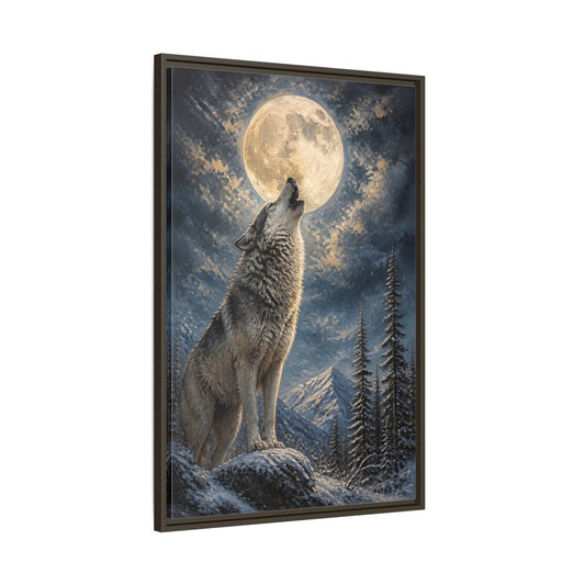 Main Mockup. Animals Wolf Howling Wolf Moon Night shown as stretched canvas wall art