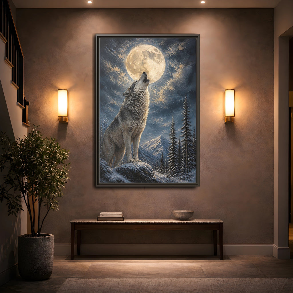 Mockup 2. Animals Wolf Howling Wolf Moon Night shown as stretched canvas wall art