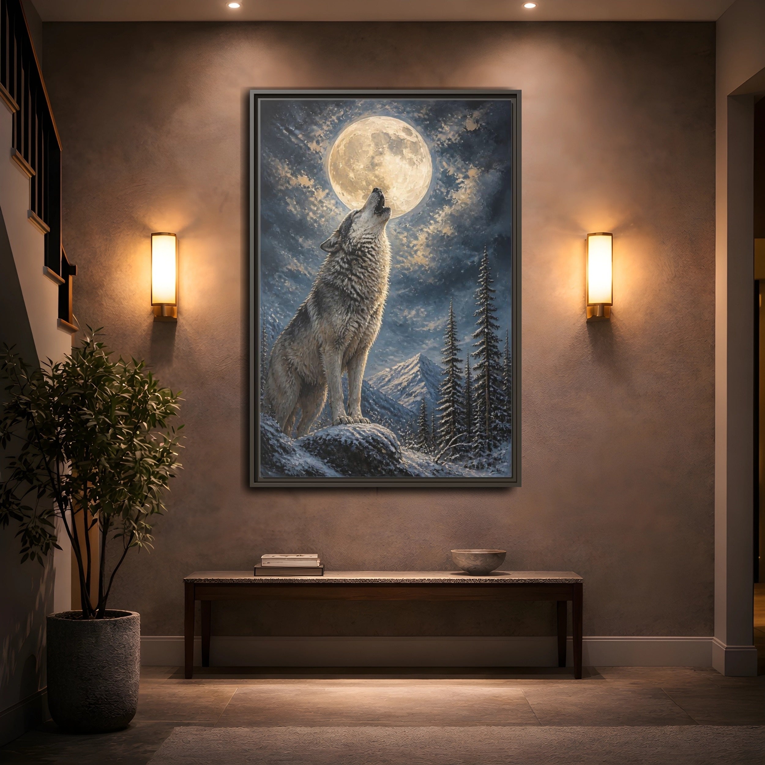 Mockup 2. Animals Wolf Howling Wolf Moon Night shown as stretched canvas wall art