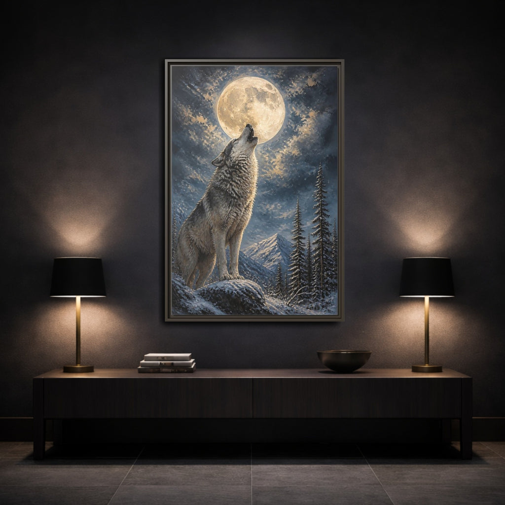 Mockup 3. Animals Wolf Howling Wolf Moon Night shown as stretched canvas wall art