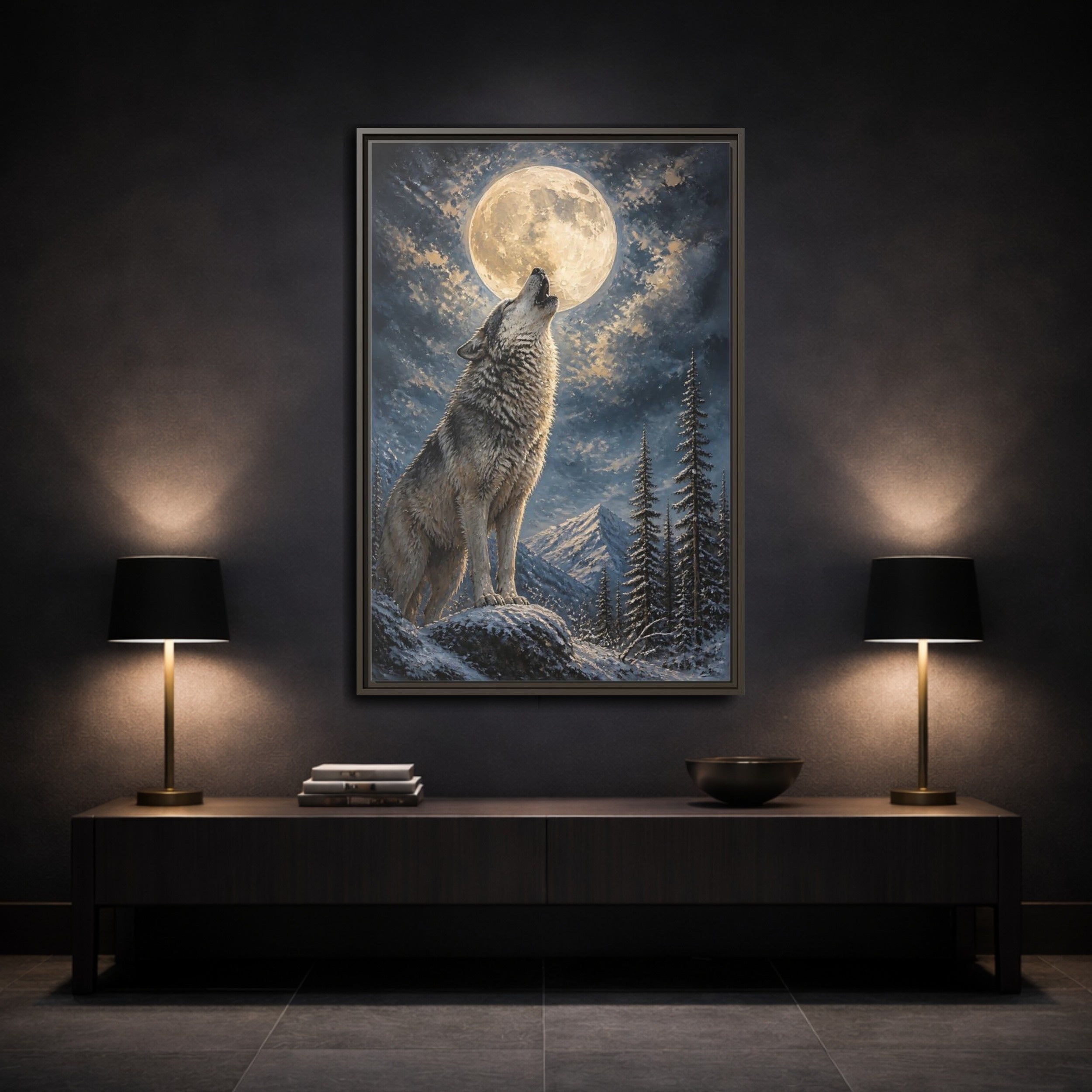 Mockup 3. Animals Wolf Howling Wolf Moon Night shown as stretched canvas wall art