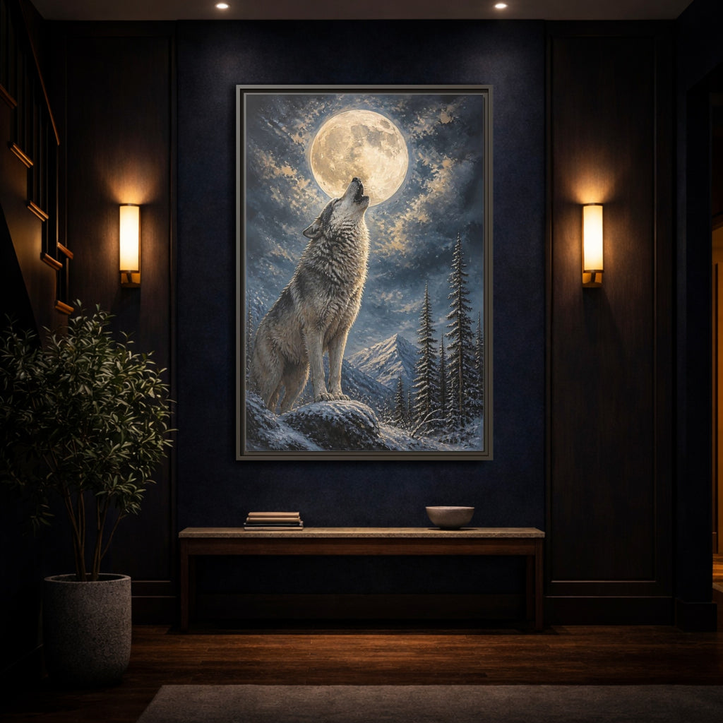 Mockup 4. Animals Wolf Howling Wolf Moon Night shown as stretched canvas wall art