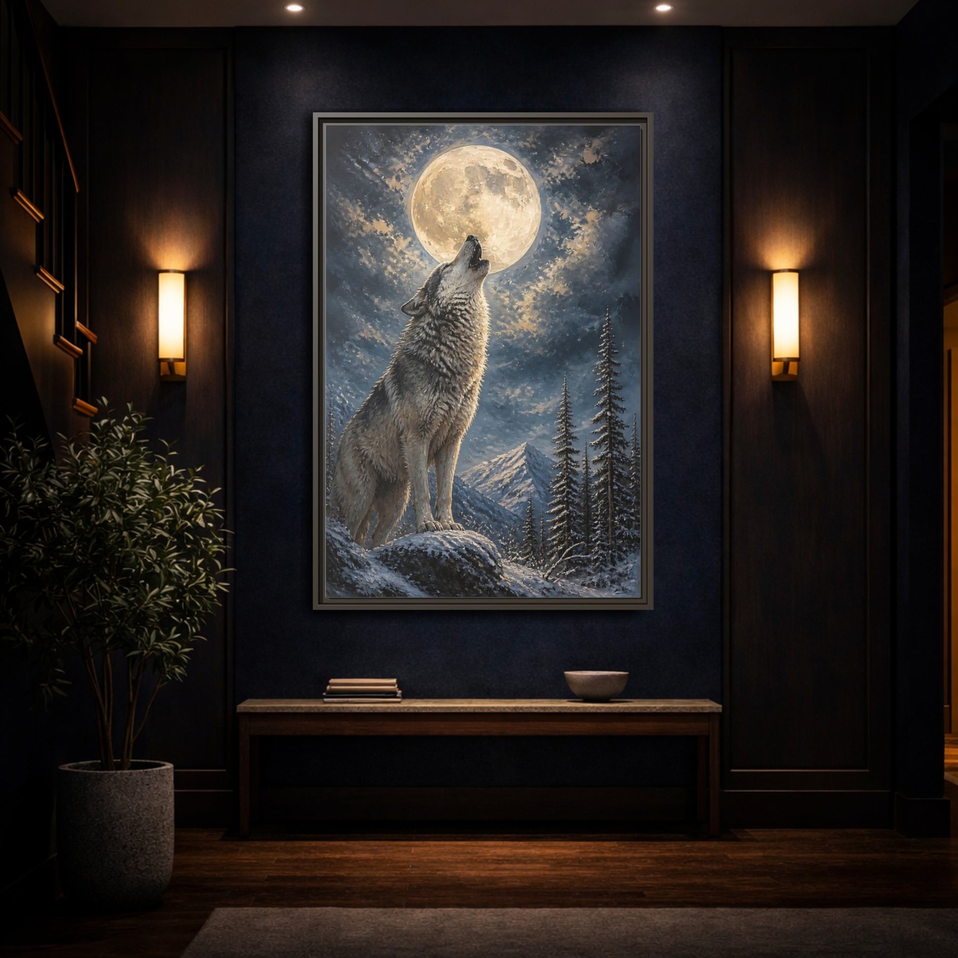 Mockup 4. Animals Wolf Howling Wolf Moon Night shown as stretched canvas wall art