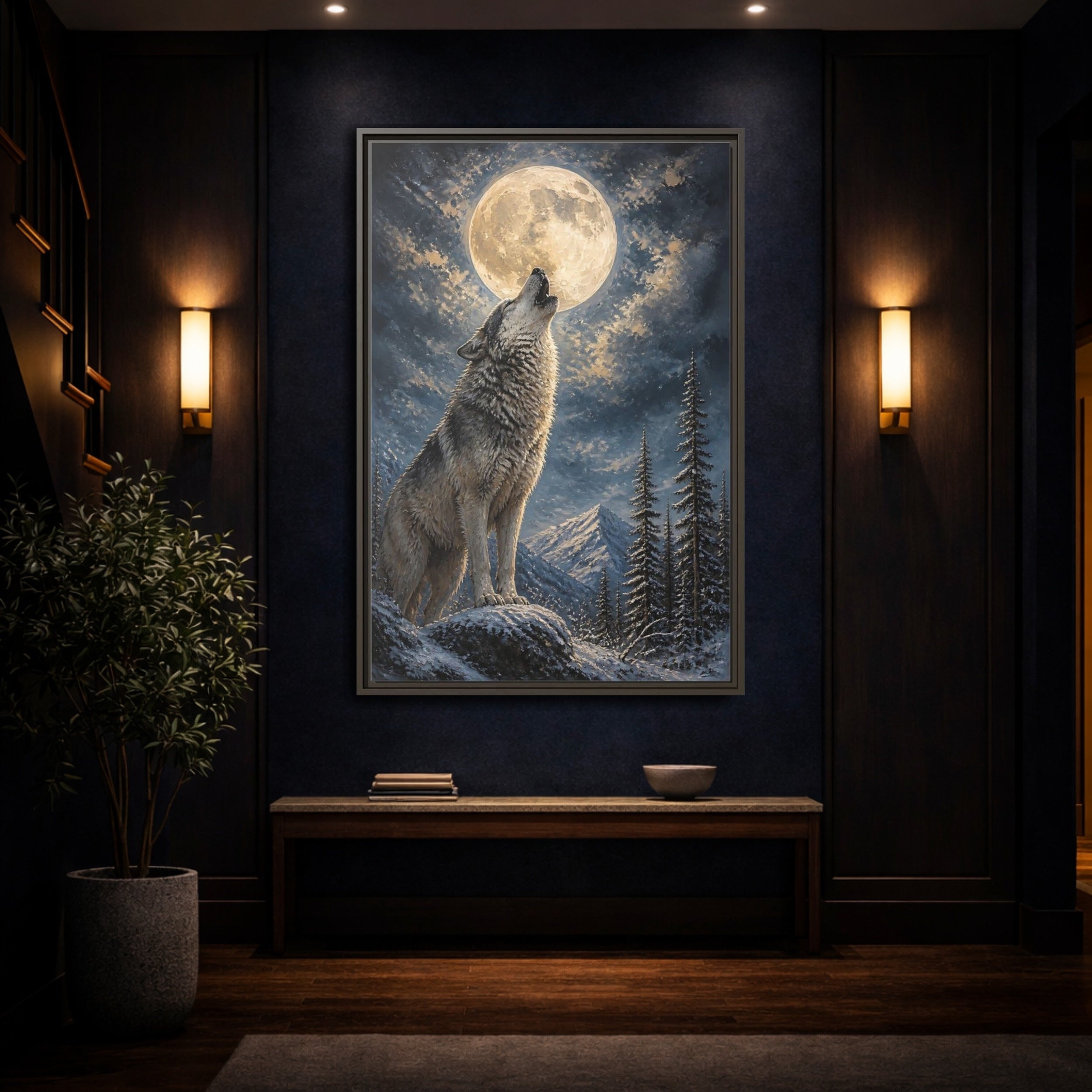 Mockup 4. Animals Wolf Howling Wolf Moon Night shown as stretched canvas wall art