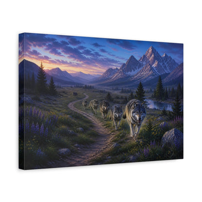Side Mockup 4. Animals Wolf Pack Mountain Wolf Pack shown as stretched canvas wall art