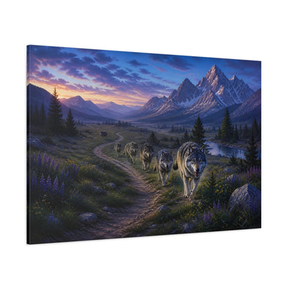 Side Mockup 1. Animals Wolf Pack Mountain Wolf Pack shown as stretched canvas wall art
