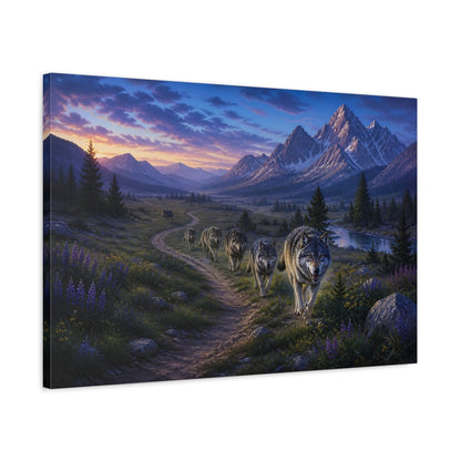 Side Mockup 2. Animals Wolf Pack Mountain Wolf Pack shown as stretched canvas wall art