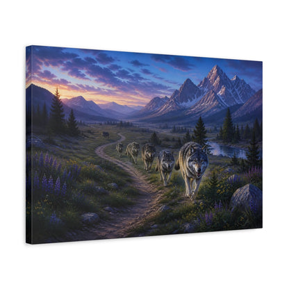 Side Mockup 3. Animals Wolf Pack Mountain Wolf Pack shown as stretched canvas wall art