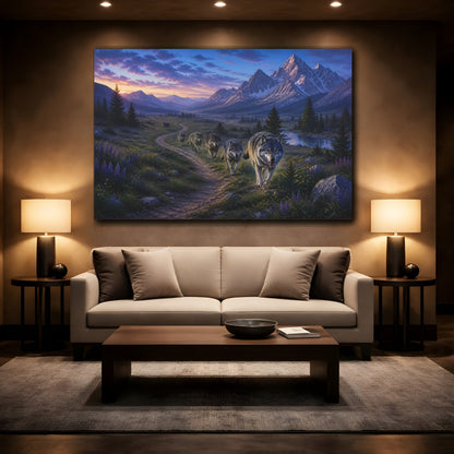 Mockup 2. Animals Wolf Pack Mountain Wolf Pack shown as stretched canvas wall art